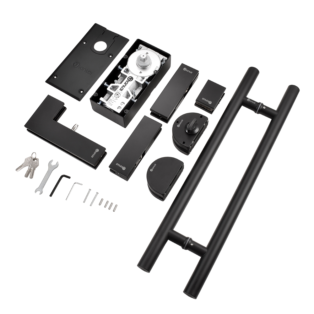 Idéias modernas e minimalistas de design de ferragens para portas de vidro | Sistema de correspondência completo: mola de piso + encaixe de remendo + fechadura de porta de vidro + puxador